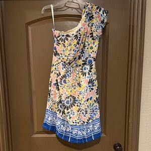 MM Couture One-Shoulder Floral Mini Dress - Blue, Yellow, Pink Medium